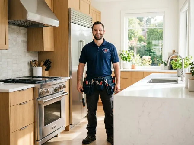 Appliance Repair Hero technician in a Amesbury, MA kitchen after an appliance repair