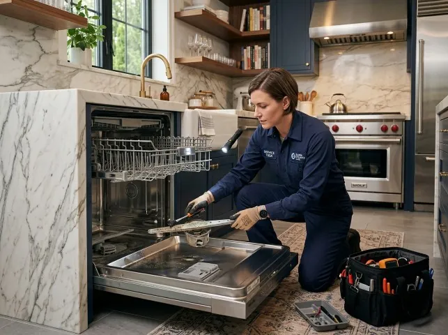 Appliance Repair Hero technician servicing a built-in dishwasher in a Amesbury, MA kitchen