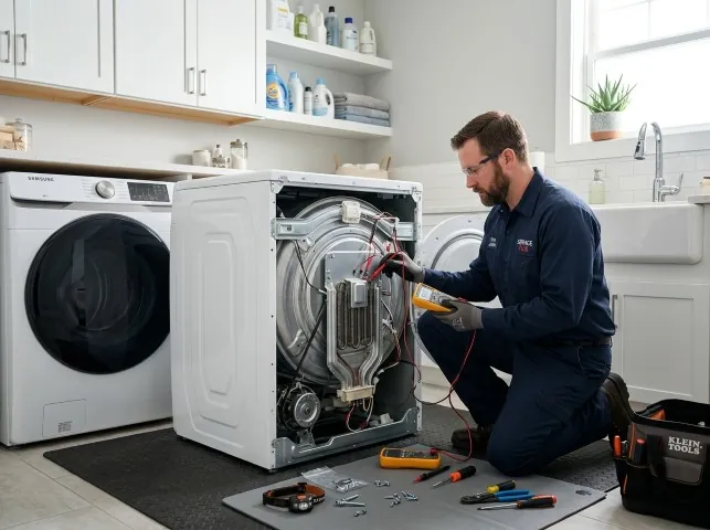 Appliance Repair Hero technician checking a dryer heating element with the rear panel off in Amesbury, MA