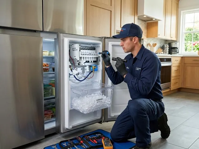 Appliance Repair Hero technician repairing a refrigerator ice maker in Amesbury, MA