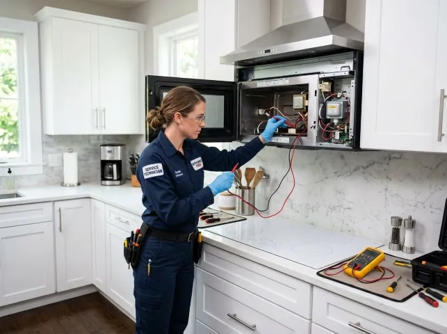Appliance Repair Hero technician testing an over-the-range microwave in a Amesbury, MA kitchen