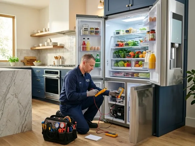 Appliance Repair Hero refrigerator technician testing a fridge on a Amesbury, MA service call