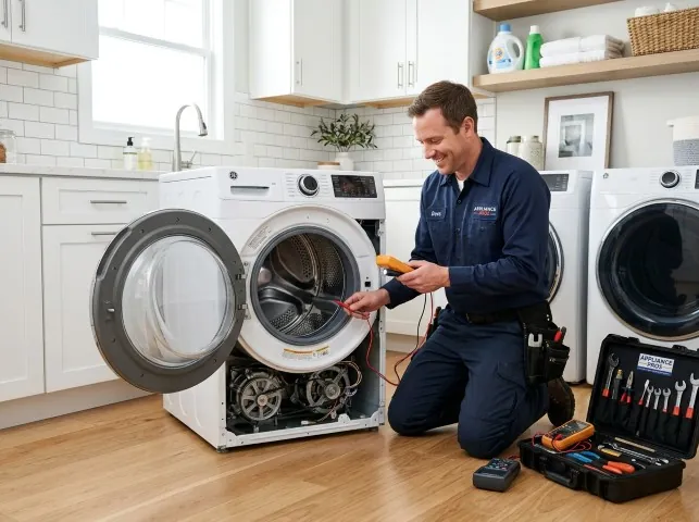 Appliance Repair Hero technician testing a front-load washer with a multimeter on a Amesbury, MA service call